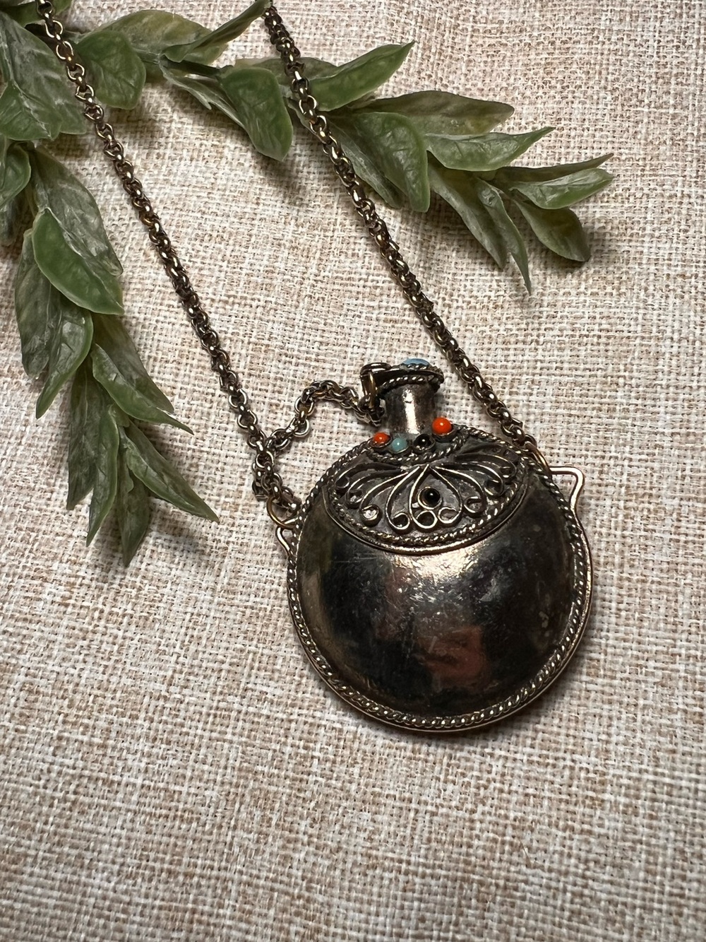 VINTAGE Silver Tibetan Perfume Bottle Necklace with Turquoise Stones